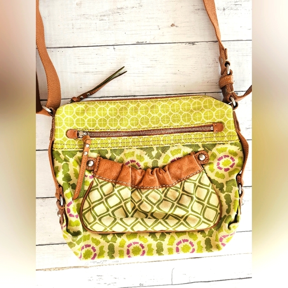 Vintage Fossil Green Canvas & Brown Genuine Leather Crossbody Purse Floral - Picture 2 of 16